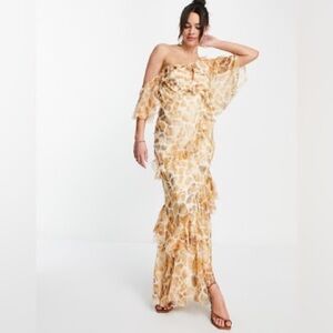 Rare!!Asos design fallen shoulder maxi dress,bias ruffle detail in giraffe print